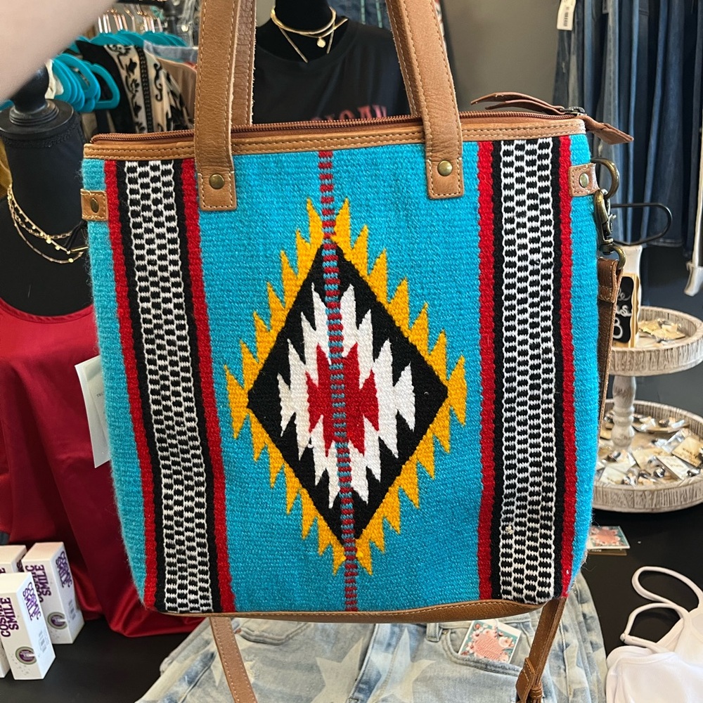Southwestern Patterned Tote Bag - Turquoise and Brown